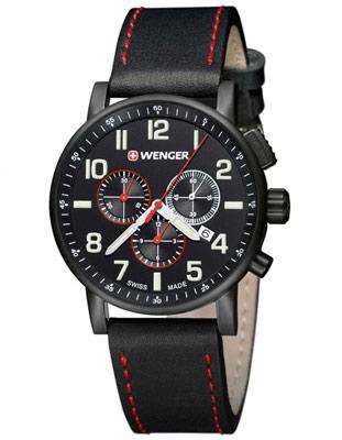 Wenger Mens Attitude Chronograph - Black Dial & Case - Black Leather Strap - 01.0343.104