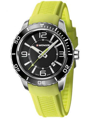 Wenger Mens Roadster - Acid Green Silicone Strap - Black Dial - Date - 100m - 01.0851.115