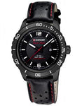 Wenger Mens Roadster Black Night - Black PVD & Leather Strap with Red Accents - 01.0851.123