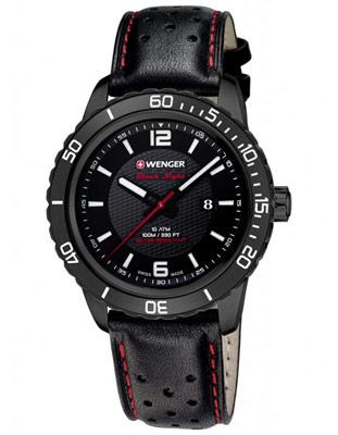 Wenger Mens Roadster Black Night - Black PVD & Leather Strap with Red Accents - 01.0851.123