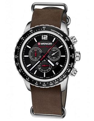 Wenger Mens Roadster Black Night Chronograph - Black Dial - Brown NATO Strap - 01.0853.106