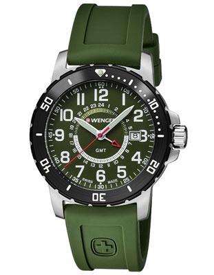 Wenger Mens Off Road GMT - Black PVD Bezel - Green Dial - Green Silicone Strap - 01.1342.104