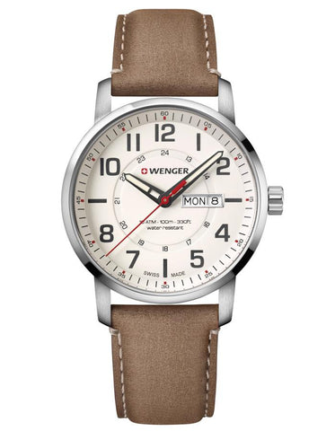 Wenger Mens Attitude Military Time Watch - Leather Strap - Day/Date Window - 01.1541.103