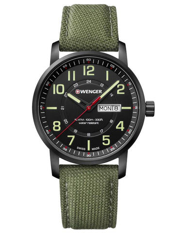 Wenger Mens Attitude Military Time Watch - Green Layered Strap - Day/Date Window - 01.1541.104