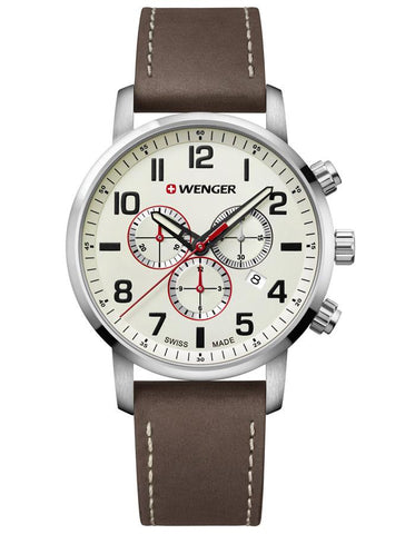 Wenger Mens Attitude Stainless Steel Chrono - Cream Dial - Brown Leather Strap - 01.1543.105