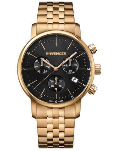 Wenger Mens Urban Classic Chronograph - Gold-Tone - Bracelet - Black Dial - 100m - 01.1743.103_abf95526-1512-4321-a888-071303271cd0