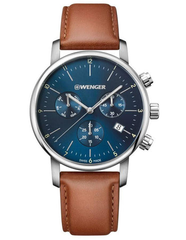 Wenger Mens Urban Classic Chronograph - Brown Strap - Blue Dial - 100m - Date - 01.1743.104_eee8db5b-68ee-42d0-9ed6-4353883a0f5c