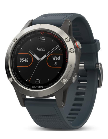 Garmin Fenix 5 Multisport Smartwatch - GPS - Stainless Steel- Blue Silicone Band - 010-01688-01