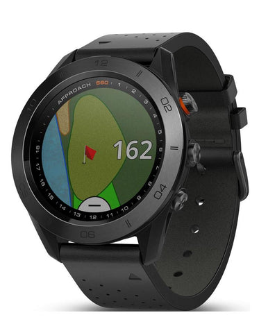 Garmin Approach S60 Premium Golf Watch - Black Ceremic - Black Leather Band - 010-01702-03