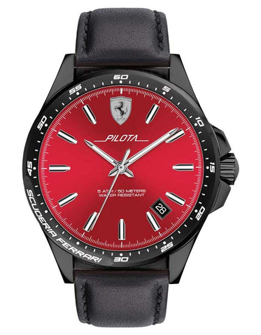 Scuderia Ferrari Pilota Mens Watch - Black Metal - Date - Black Leather Strap - 0830525