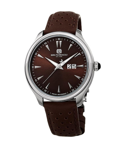 Bruno Magli Mens Luca Stainless Steel Watch - Perforated Band - Dark Brown - 16.171121.SD_36126a23-c353-428f-a865-c3c5ea45de22