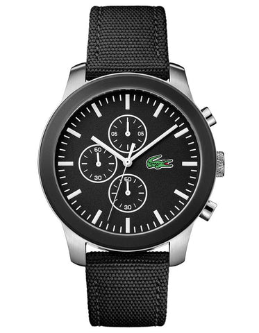 Lacoste 12.12 Mens Chronograph - Stainless - Black Dial - Black Fabric & Leather - 2010950