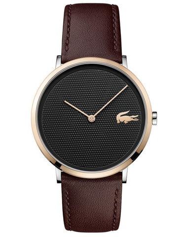 Lacoste Mens Moon Watch - Stainless & Rose Gold -Black Dial -Brown Leather Strap - 2010952