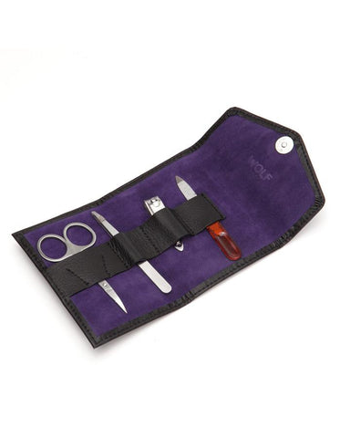 WOLF Blake Travel Manicure Set - Genuine Black Pebble Leather with Purple Lining - 3058-28_2047e16d-ab83-43a8-bfc6-ac6eb79549db