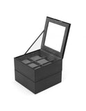 WOLF Set of Two 6 Piece Stackable Watch Trays - Black Pebble Case with Lid - 3196-03A