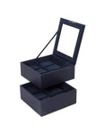 WOLF Set of Two 6 Piece Stackable Watch Trays - Navy Saffiano Case with Lid - 3196-17B