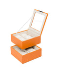 WOLF Set of Two 6 Piece Stackable Watch Trays - Orange Saffiano Case with Lid - 3196-39B