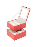 WOLF Set of Two 6 Piece Stackable Watch Trays - Coral Saffiano Case with Lid - 3196-42B