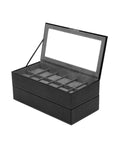 Wolf Set of 2 Stackable 12 Piece Watch Trays - Black Pebble Case - Glass Lid - 3197-03A