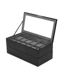 Wolf Set of 2 Stackable 12 Piece Watch Trays - Black Pebble Case - Glass Lid - 3197-03A