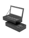 Wolf Set of 2 Stackable 12 Piece Watch Trays - Black Pebble Case - Glass Lid - 3197-03B