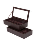 Wolf Set of 2 Stackable 12 Piece Watch Trays - Brown Pebble Case - Glass Lid - 3197-06B