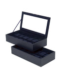 Wolf Set of 2 Stackable 12 Piece Watch Trays - Navy Pebble Case - Glass Lid - 3197-17B