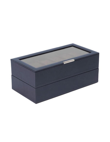 Wolf Set of 2 Stackable 12 Piece Watch Trays - Navy Pebble Case - Glass Lid - 3197-17