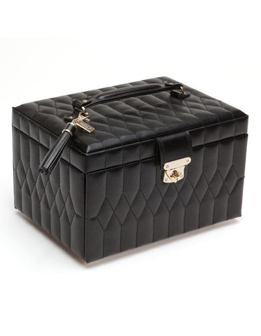 WOLF Caroline Medium Jewelry Case - Black Quilted Leather - Travel Case - Mirror - 3297-71