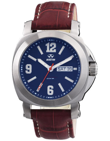 Reactor Fermi Mens Day/Date Watch - Matte Navy Dial - Burgundy Leather Strap - 48303