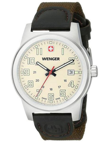 Wenger Mens Field Classic Watch - Stainless - Beige Dial - Olive Fabric Strap - 72803-WENGER