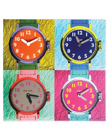 NeXtime Time Zones Glass Square Wall Clock - Multicolored Wristwatches - 17 in - 8158_afdeb867-7832-4a53-89b1-d8f335555294