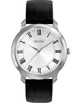 Bulova Mens Dress Watch - Stainless Steel - Black Leather Strap - Silver Dial - 96A133