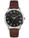 Bulova Mens Classic Watch - Black Dial - Stainless Steel - Brown Leather Strap - 96A184