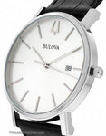 Mens Essential Strap Watch by Bulova - Silver/White Dial - Black Leather - Date - 96B104A