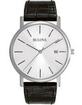 Mens Essential Strap Watch by Bulova - Silver/White Dial - Black Leather - Date - 96B104