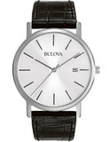 Mens Essential Strap Watch by Bulova - Silver/White Dial - Black Leather - Date - 96B104