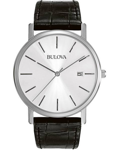 Mens Essential Strap Watch by Bulova - Silver/White Dial - Black Leather - Date - 96B104