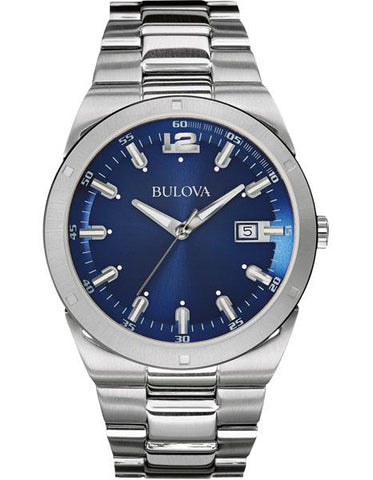 Bulova Mens Classic Dress Watch - Stainless Steel Case - Blue Dial - Date Window - 96B220