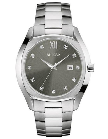 Bulova Mens Diamond Dress Watch - Gray Dial - Stainless Steel Case and Bracelet - 96D122