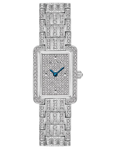 Bulova Womens Swarovski Crystal Watch - Rectangular - Pave Dial - Blue Hands - 96L244