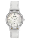 Bulova Womens Crystal Watch - Swarovski - MOP Dial - White Leather Strap - 96L245