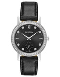 Bulova Womens Crystal Watch - Swarovski - Black Dial - Black Leather Strap - 96L246