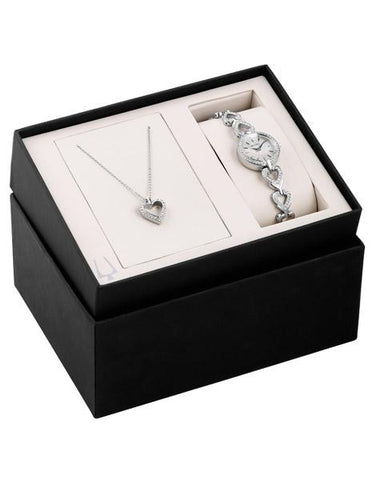 Bulova Womens Crystal Heart Watch and Necklace Boxed Gift Set - Stainless Steel - 96X136