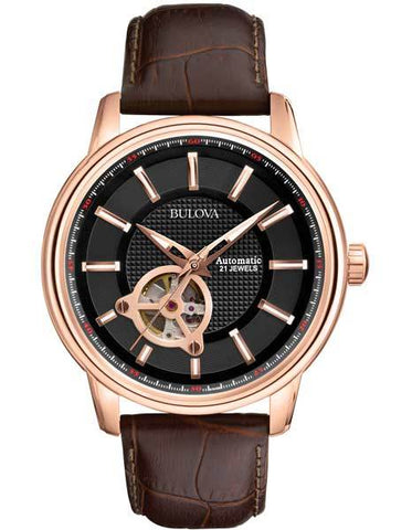 Bulova Mens Automatic - Black Dial with Rose Gold-Tone Case - Leather Strap - 97A109