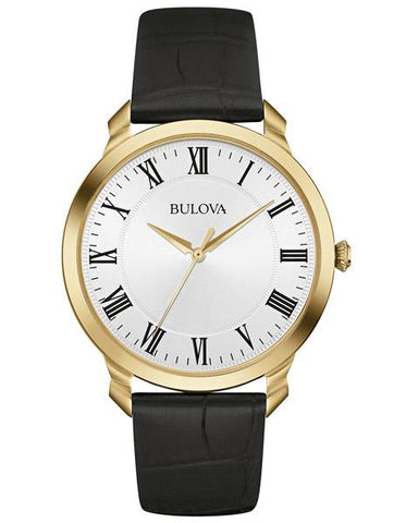 Bulova Mens Classic Watch - Silver/White Dial - Gold-Tone - Black Leather Strap - 97A123