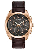 Bulova Mens Curv Chronograph - Rose Gold-Tone - Dark Gray Dial - Brown Leather - 97A124