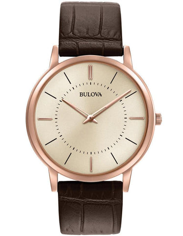 Bulova Mens Thin Classic - Rose Gold-Tone Case - Leather Strap - Grey Dial - 30m - 97A126