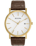 Bulova Men's Essential Strap Watch - Gold-Tone - White Dial - Brown Leather - 97B100