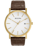 Bulova Men's Essential Strap Watch - Gold-Tone - White Dial - Brown Leather - 97B100